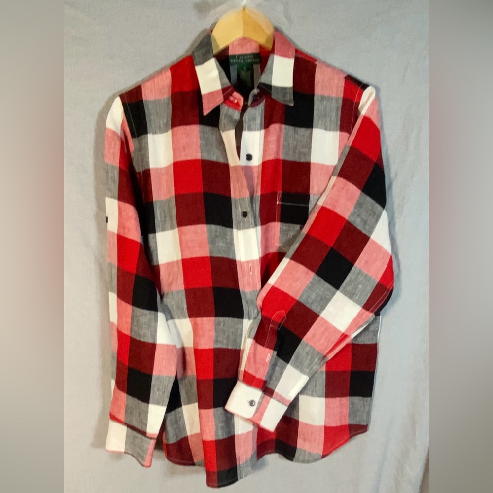 100% Linen Plaid Like New button up shirt by Lauren Ralph Lauren red,black,white